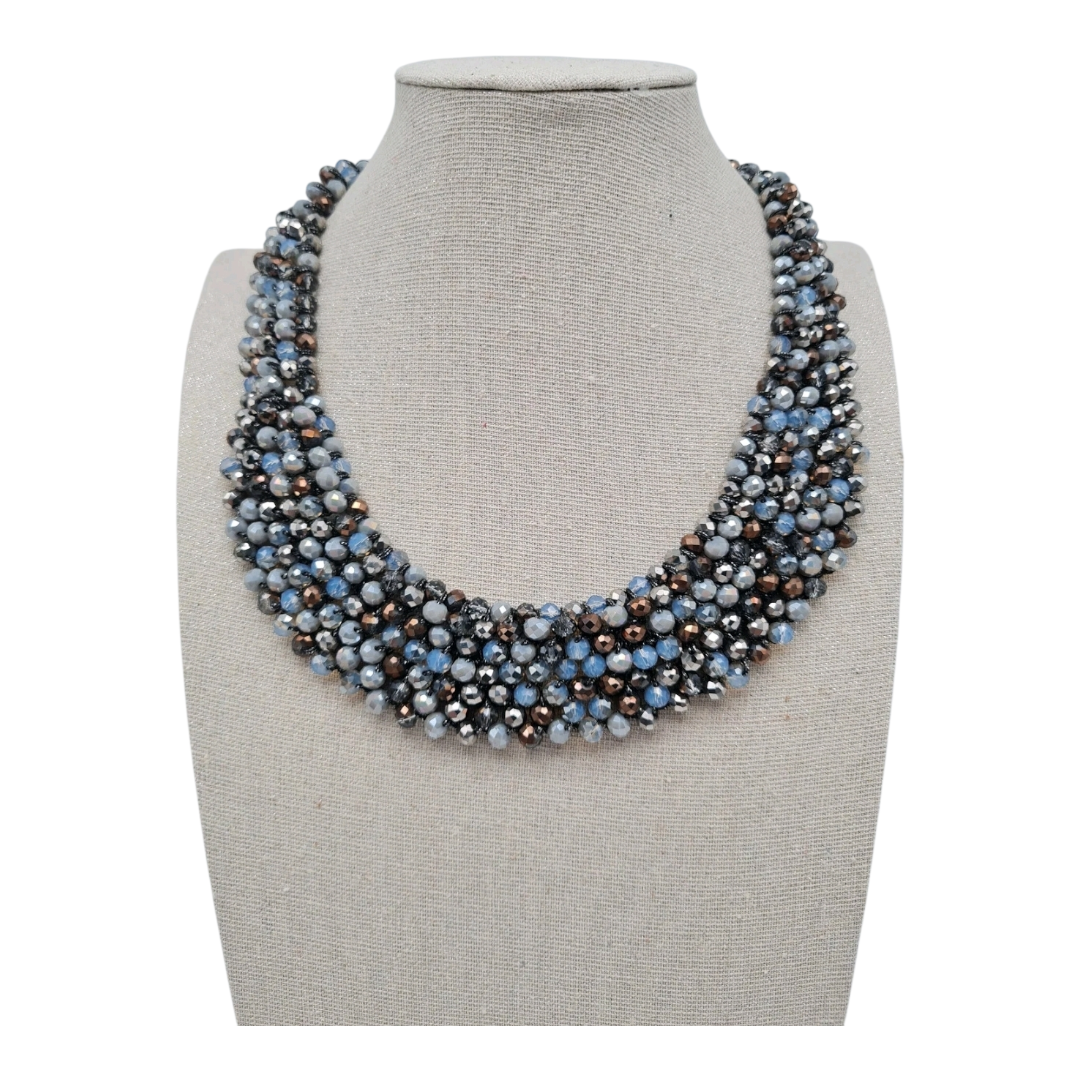 Halskette Kurzhalskette Kragen unzählige Blauen Perlen Statement Nickelfrei Party Biba
