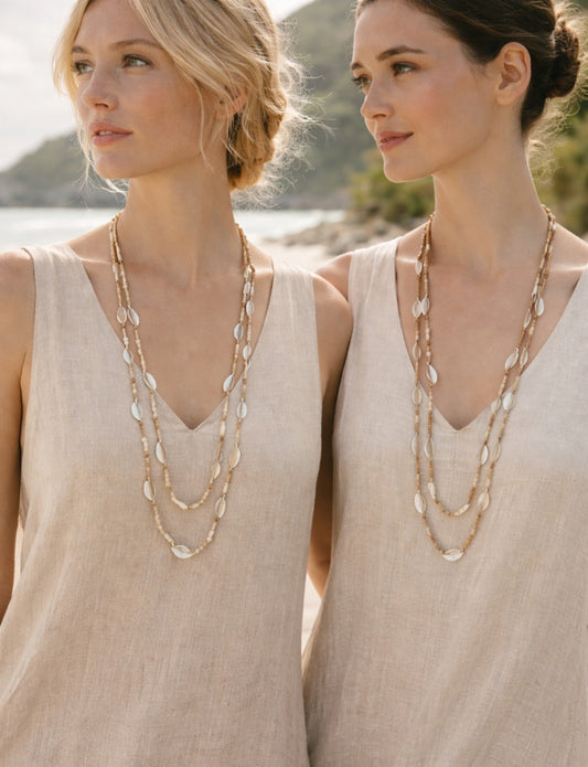 Halskette Grau oder Beige mit Muscheln und Acrylperlen Urlaub Strand Biba