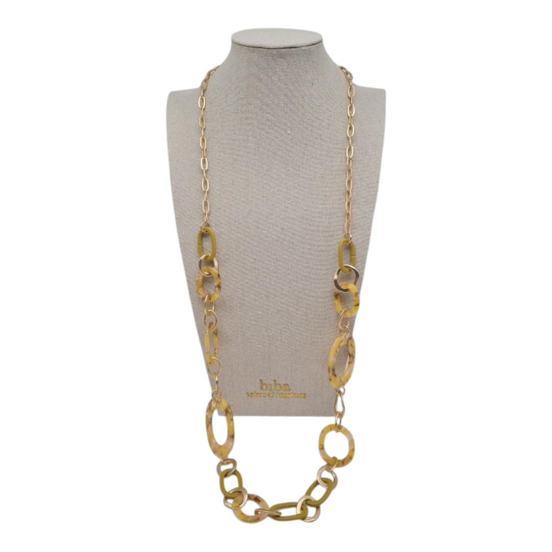 Halskette nickelfrei Acryl gelb beige langkette Modeschmuck Gliederkette Biba
