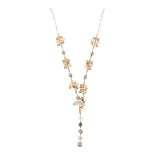 Halskette Langhalskette Y-Kette Goldfarben mit Graue Crystal Perlen Biba