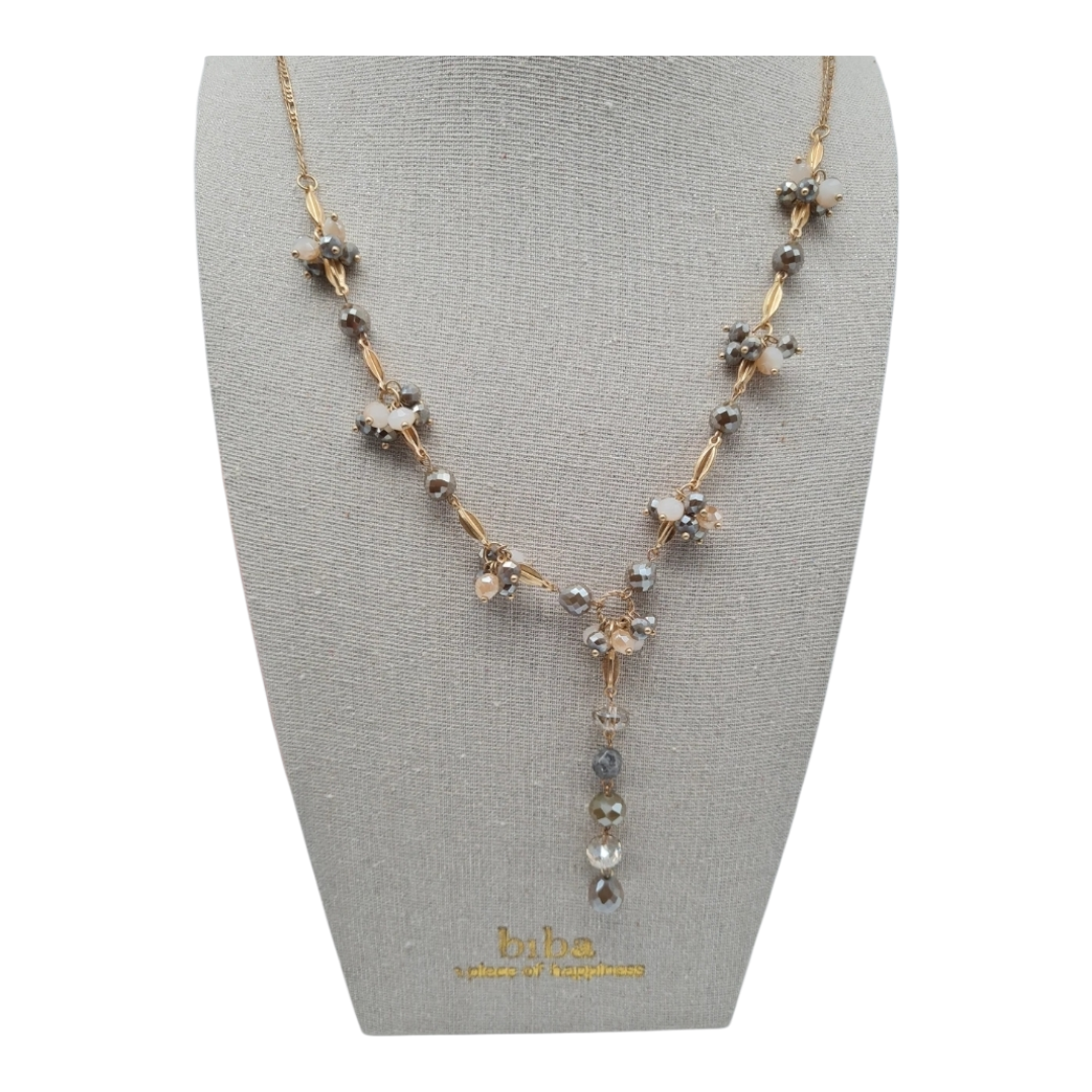 Halskette Langhalskette Y-Kette Goldfarben mit Graue Crystal Perlen Biba