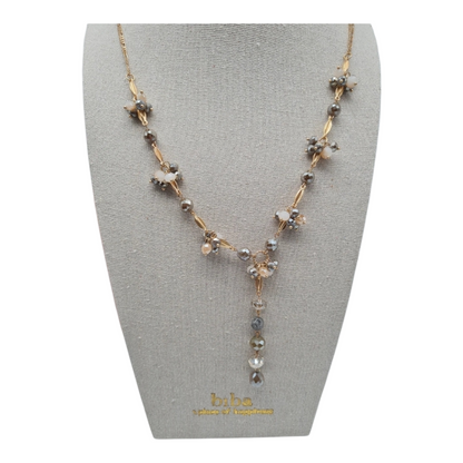 Halskette Langhalskette Y-Kette Goldfarben mit Graue Crystal Perlen Biba