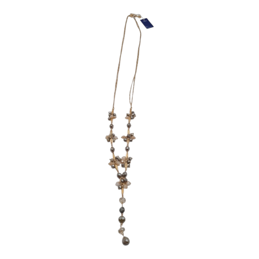 Halskette Langhalskette Y-Kette Goldfarben mit Graue Crystal Perlen Biba