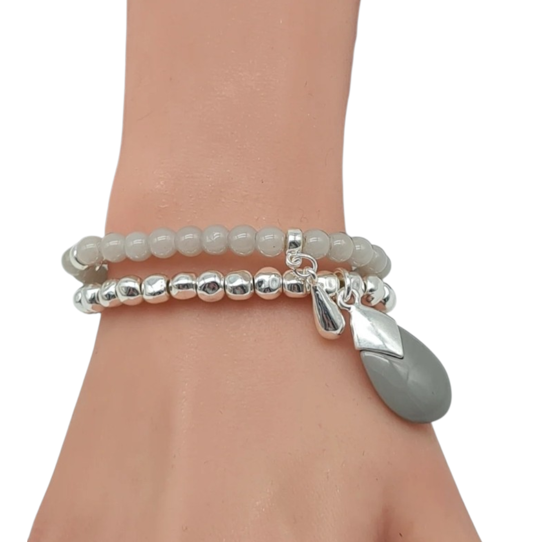 Armband Doppel-Armband elastisch Silberfarbig Graue Jade Steinchen Biba