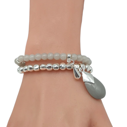 Armband Doppel-Armband elastisch Silberfarbig Graue Jade Steinchen Biba
