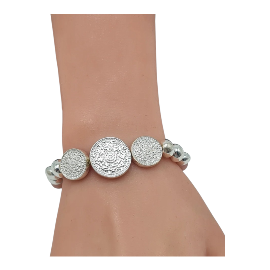 Biba Armband Silberfarben mit 3 ornamentale Kreise Rosa Mausgrau Biba