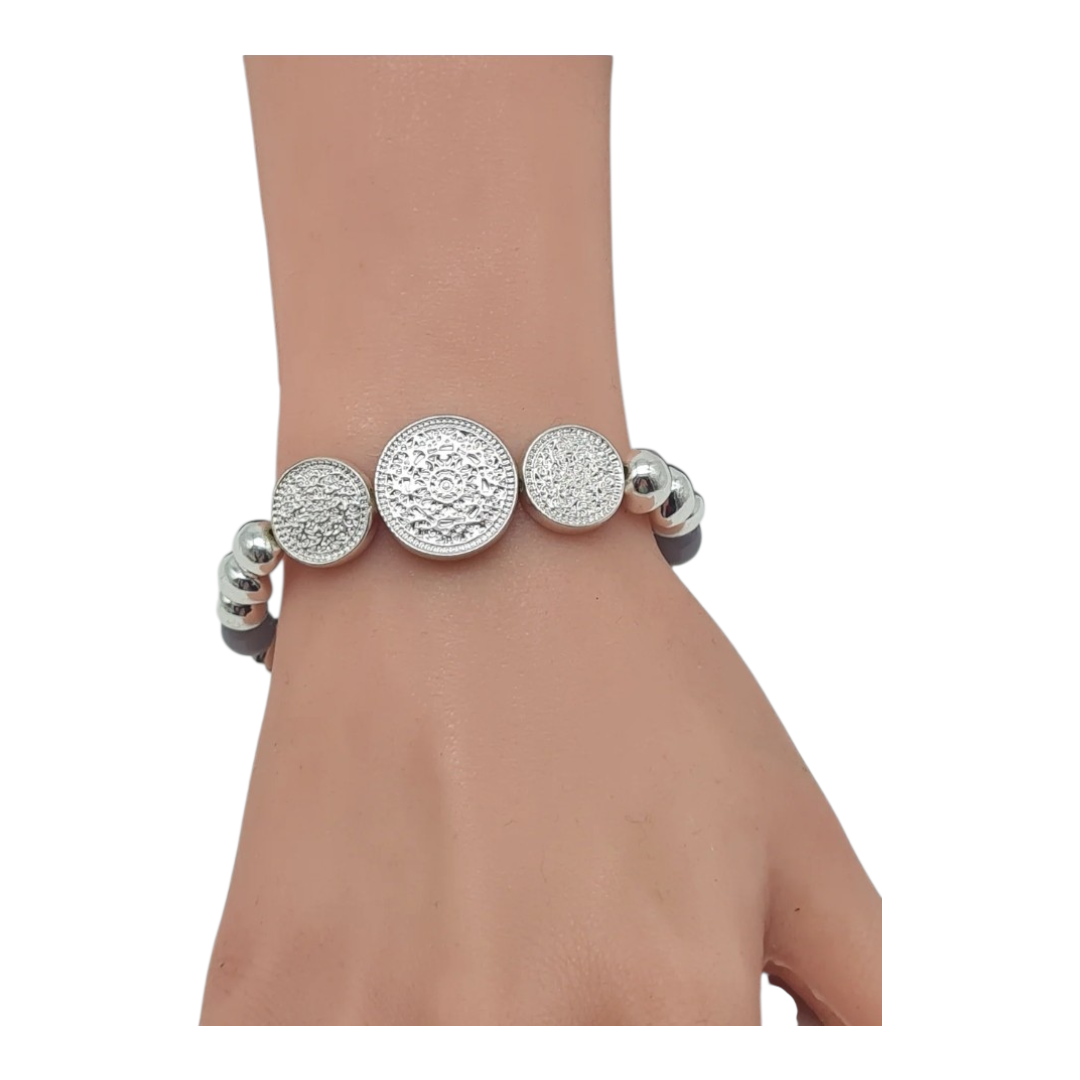 Biba Armband Silberfarben mit 3 ornamentale Kreise Rosa Mausgrau Biba