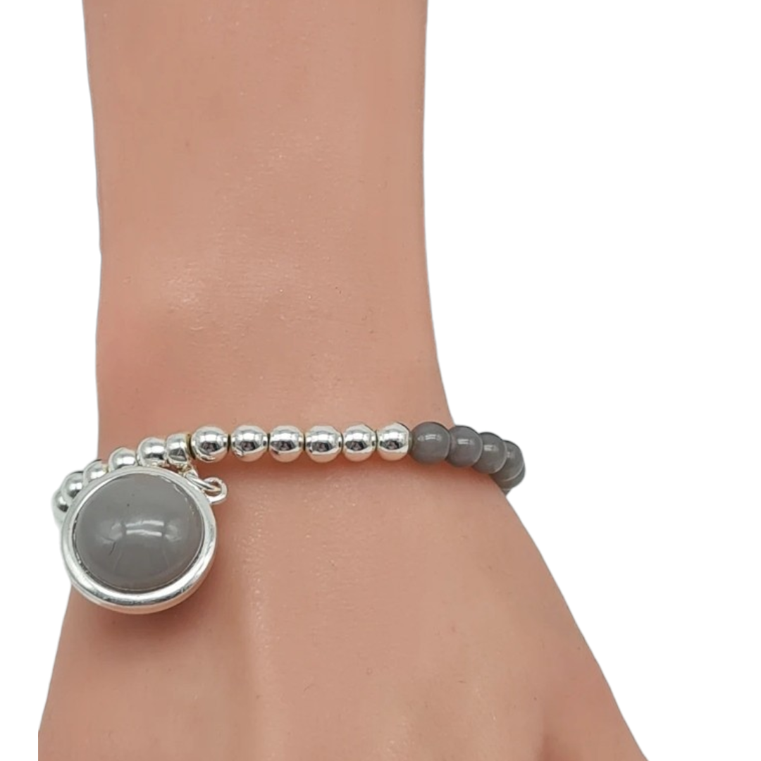 Armband elastisch Filigran Anhänger Rosa Grau Silberfarben Elegant Biba