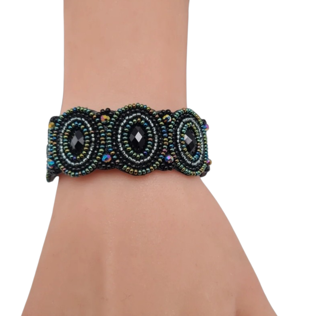 Armband Kunstleder Schwarz mit irisierende Perlchen Nickelfrei Biba