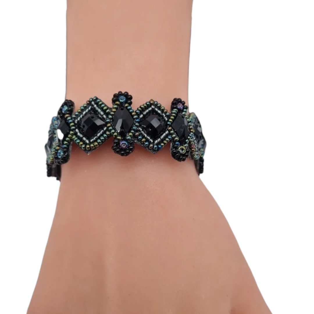 Armband Kunstleder Schwarz Blau irisierende Perlchen Nickelfrei Biba