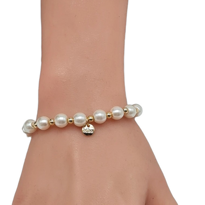 Biba Armband elastisch Perlmutt und goldfarbene Perlen, elegant, kombinierbar