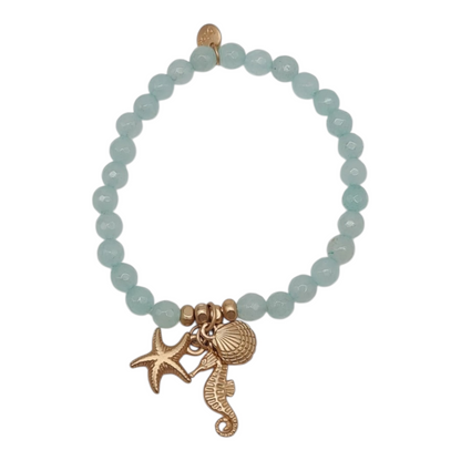 Armband elastisch Helltürkis Hellblau Anhänger Muschel Seestern Seepferdchen Biba