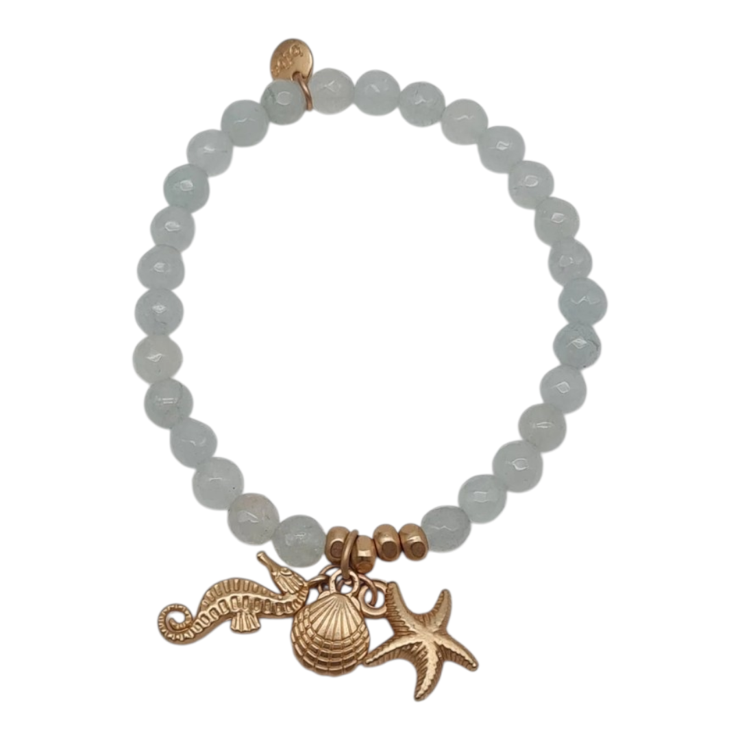 Armband elastisch Helltürkis Hellblau Anhänger Muschel Seestern Seepferdchen Biba