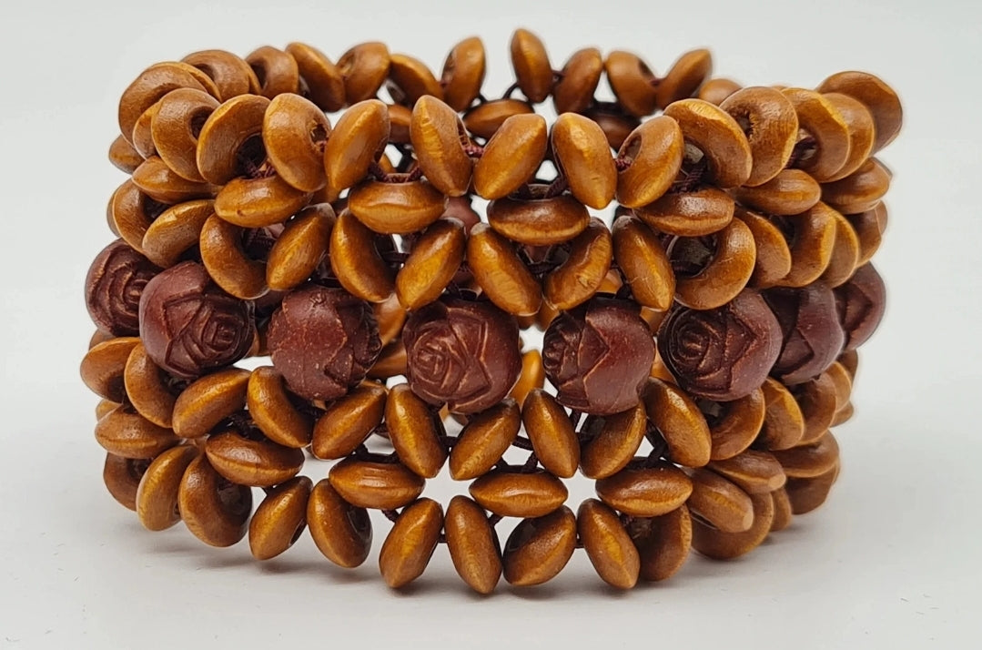 Armband Holzarmbänder Braun Beige Natur Stretch Rosen Blumen Sensibling Corp.