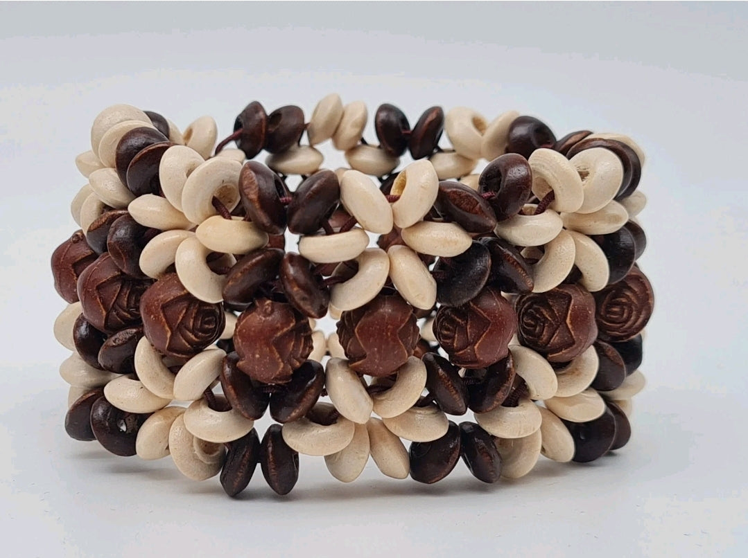 Armband Holzarmbänder Braun Beige Natur Stretch Rosen Blumen Sensibling Corp.
