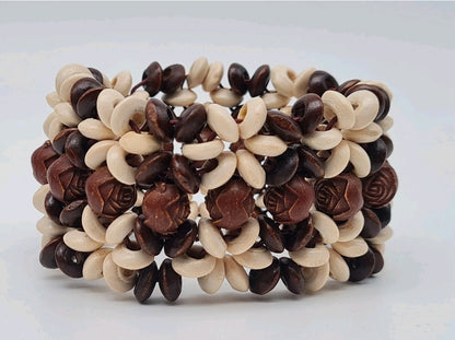 Armband Holzarmbänder Braun Beige Natur Stretch Rosen Blumen Sensibling Corp.