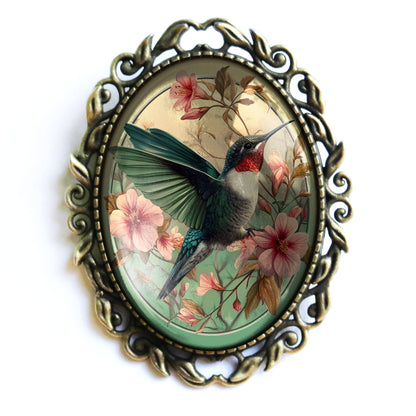 Große ovale Brosche im Art Nouveau Stil mit Kolibri Anstecknadel Vingtage Brocante