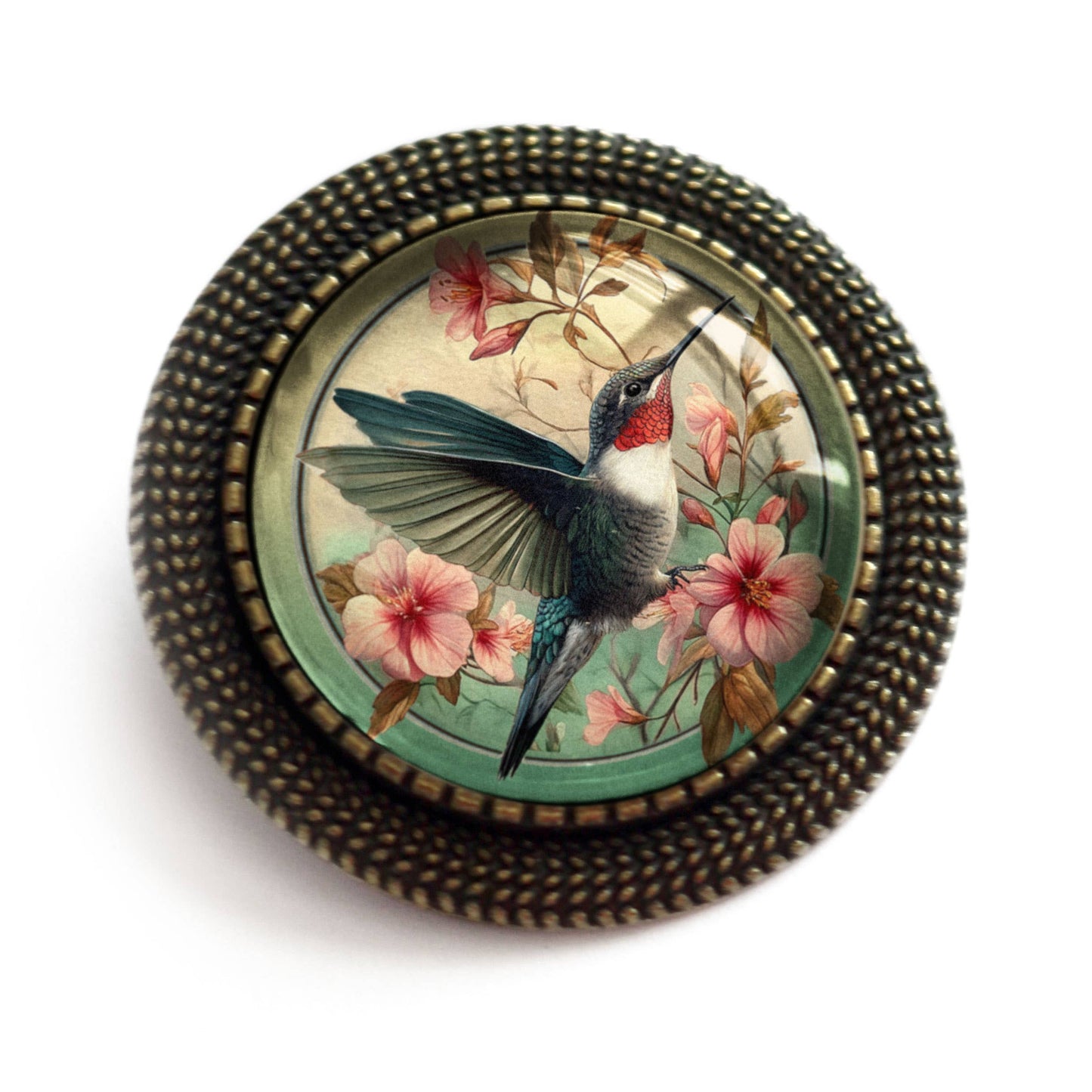 Brosche Jugendstil-Glascabochon-Brosche mit Kolibri Art Nouveau Anstecknadel