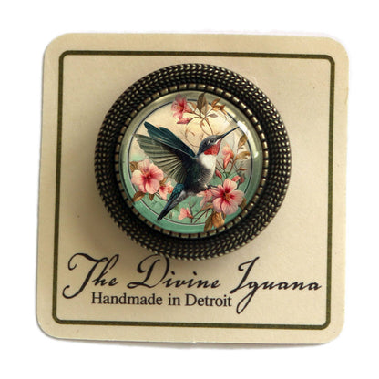 Brosche Jugendstil-Glascabochon-Brosche mit Kolibri Art Nouveau Anstecknadel