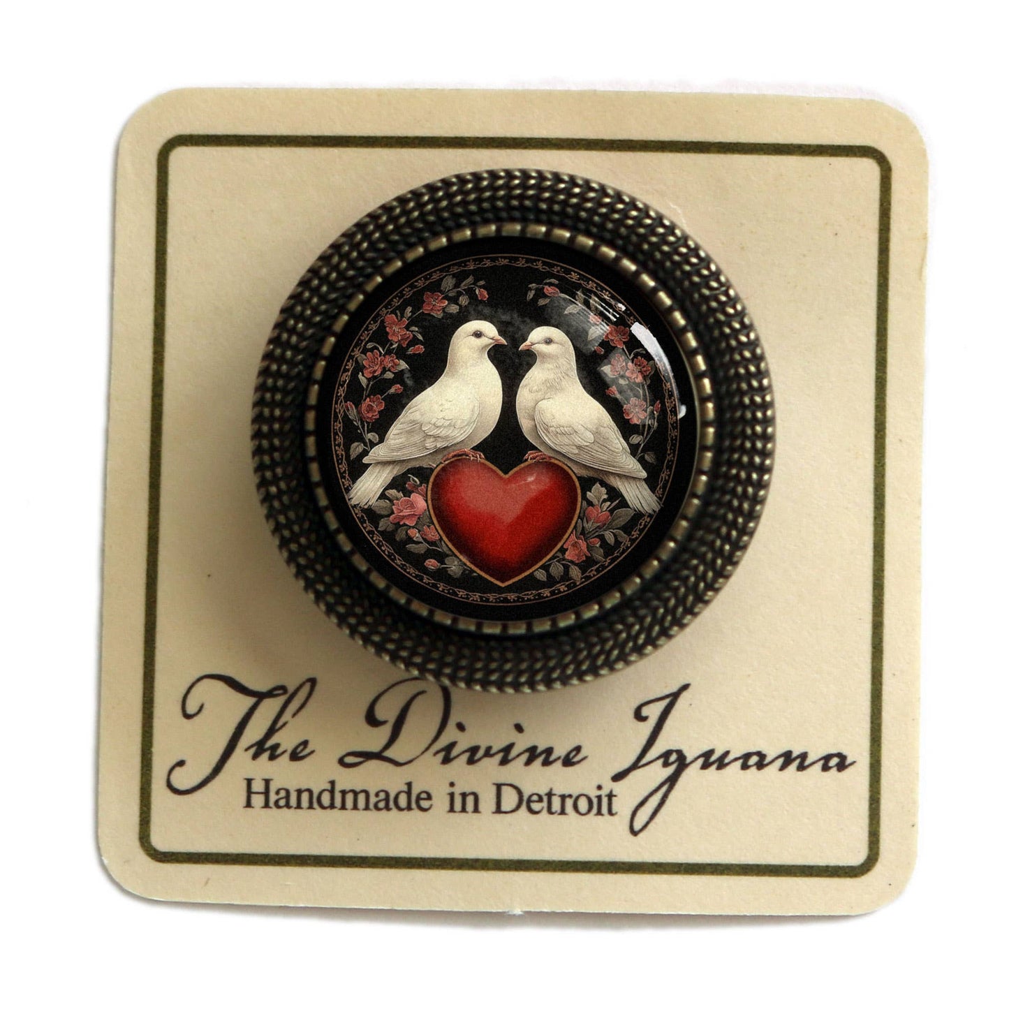 Brosche Anstecknadel Liebesvogel-Tauben Bronze und Glas Valentinstag Brosche