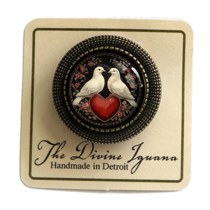 Brosche Anstecknadel Liebesvogel-Tauben Bronze und Glas Valentinstag Brosche