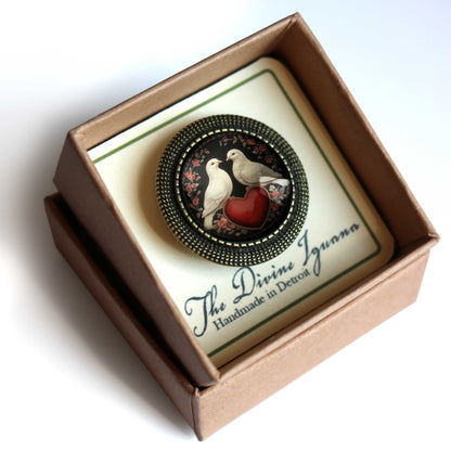 Brosche Anstecknadel Liebesvogel-Tauben Bronze und Glas Valentinstag Brosche