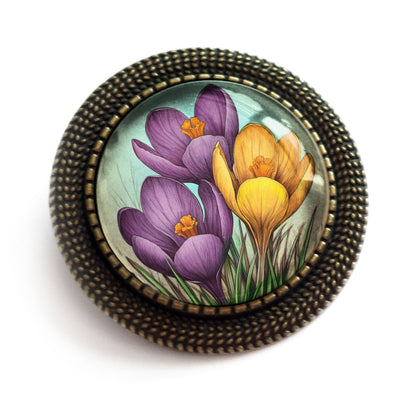 Brosche Glas-Cabochon-Brosche mit Frühlings-Krokusblumen Anstecknadel