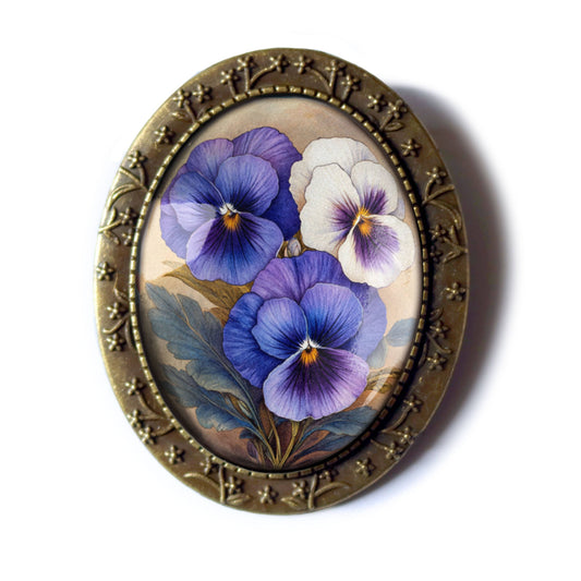 Brosche Lila Stiefmütterchen Frühlingsblumen Glas- und Bronzebrosche Veilchen