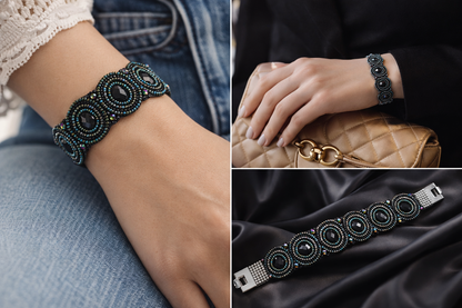 Armband Kunstleder Schwarz mit irisierende Perlchen Nickelfrei Biba