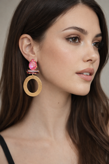 Ohrringe Ohrhänger Gold Mattfarben Pinker Strass Nickelfrei Sweet7