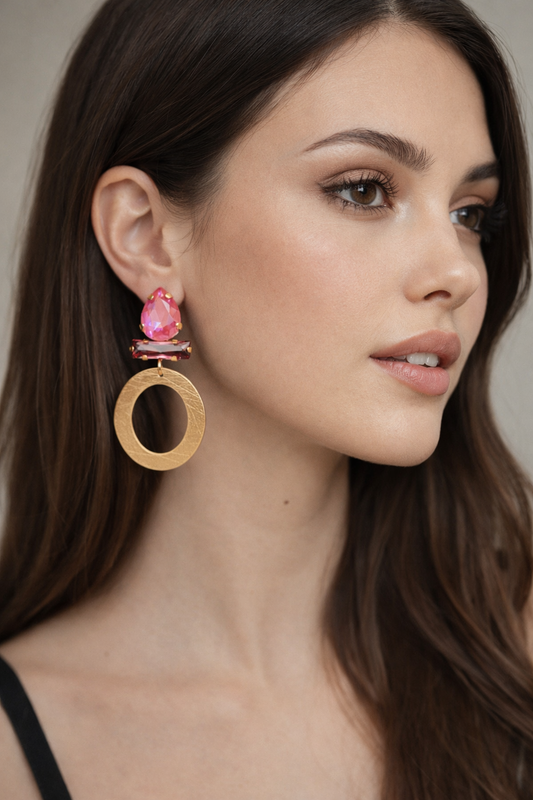 Ohrringe Ohrhänger Gold Mattfarben Pinker Strass Nickelfrei Sweet7