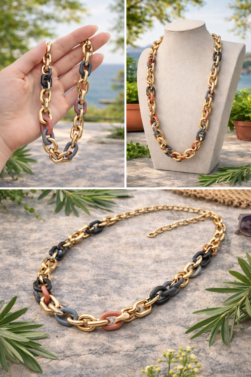 Halskette nickelfrei Gliederkette Goldfarben Matt Rosa Altrosa grau Modeschmuck Biba