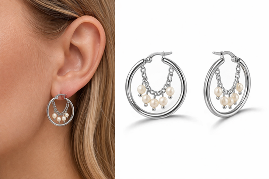 Ohrringe Creolen Silberfarben Kettchen mit Süßwasserperlen Nickelfrei Michelle Bijou