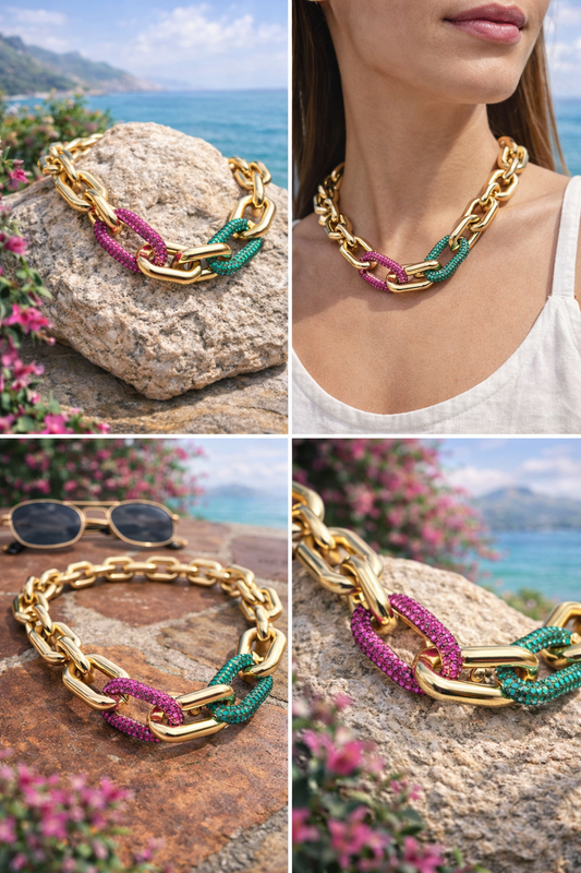 Halskette nickelfrei Gliederkette Goldfarben Glans Strass Pink Grün Modeschmuck Biba