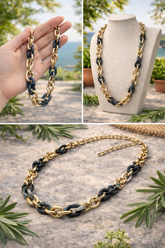 Halskette nickelfrei Gliederkette Goldfarben Matt Blau grau Modeschmuck Biba