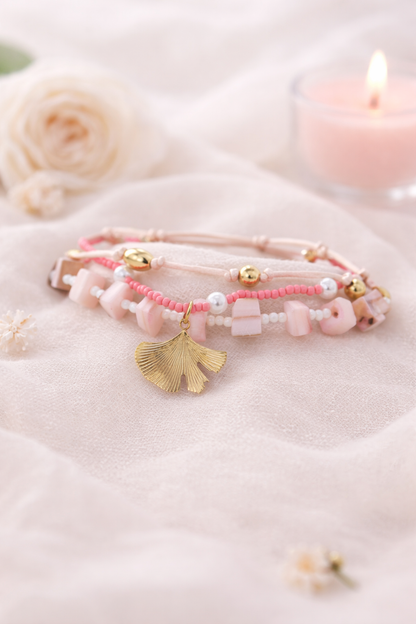 Armband Bunt Rosa Pink Ginkgo Blatt Goldfarben Nickelfrei romantisch Trend Cosmos