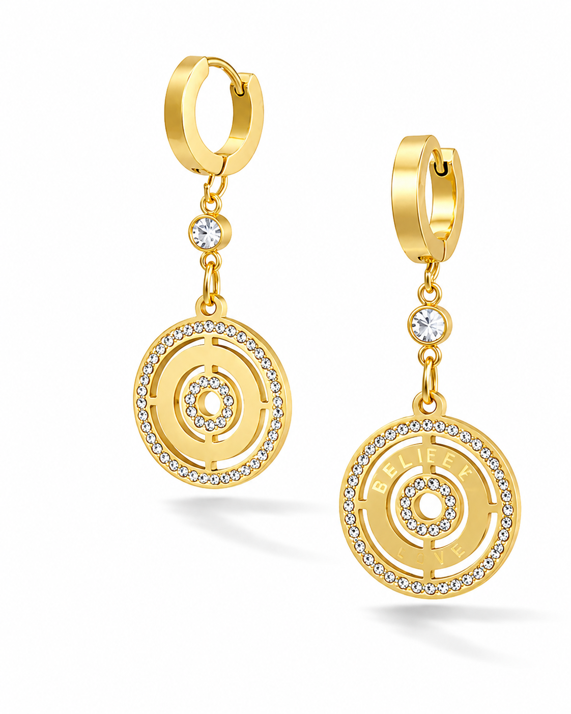 Ohrhänger Runde Ohrringe mit Steinen Goldfarbe Strass Love liebe Yehwang