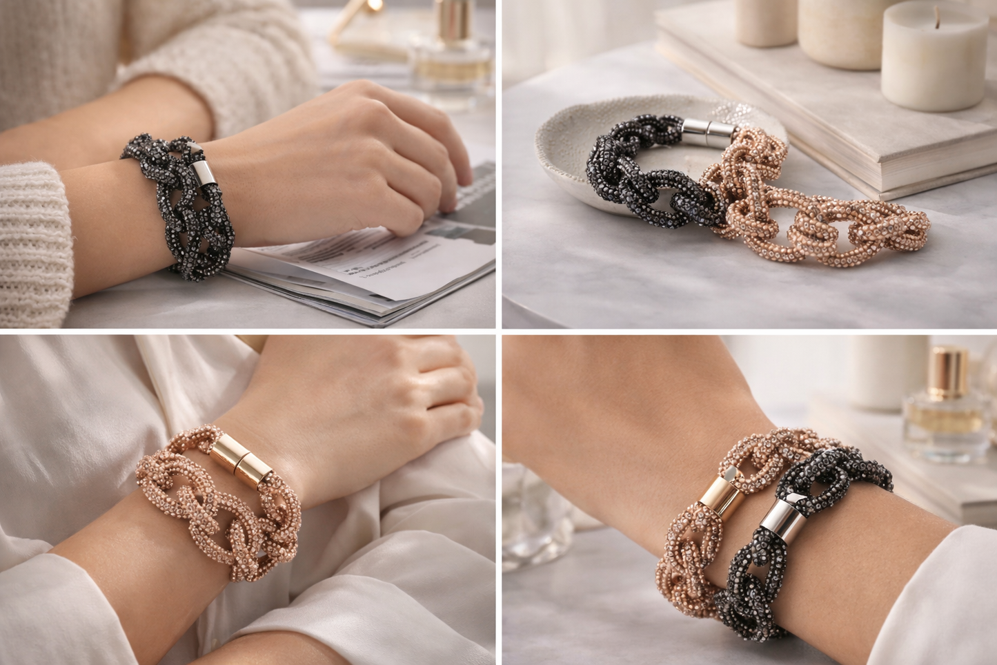 Armband Champagne Gun-Metal Knoten besetzt Glasperlen Statement Biba