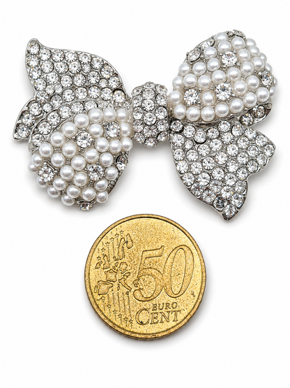 Brosche Schleife Goldfarben Perlen Strass Verbunden Romantisch