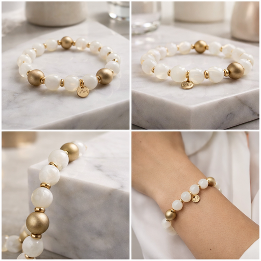 Armband elastisch Perlmutt- mit Matt Goldene Perlen elegant trend Biba