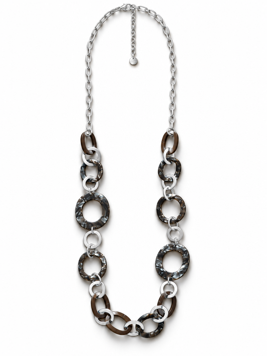 Halskette nickelfrei matt silberfarben braun Muster Modeschmuck langkette Biba