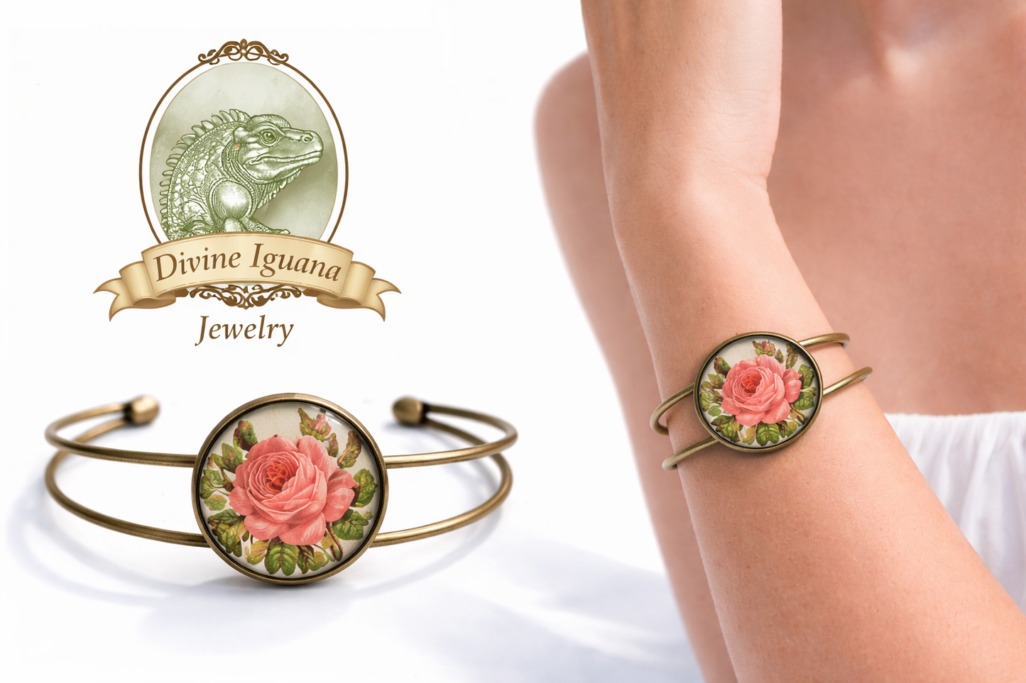 Armreif Armband Cabochon-Manschettenarmband aus rotem Rosenglas