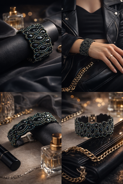 Armband Kunstleder mit Blaue und Schwarze Perlchen Breit nickelfrei Biba