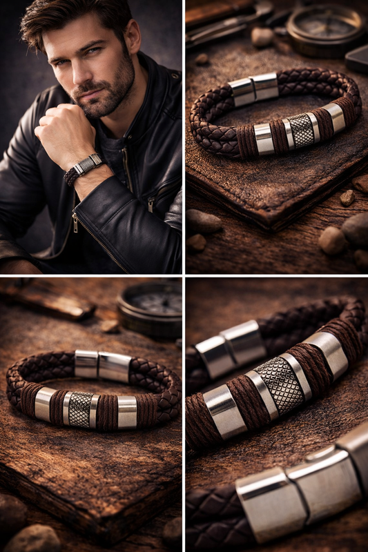Armband Herrenarmband Braun geflochten silberfarben kunstleder nickelfrei Yehwang