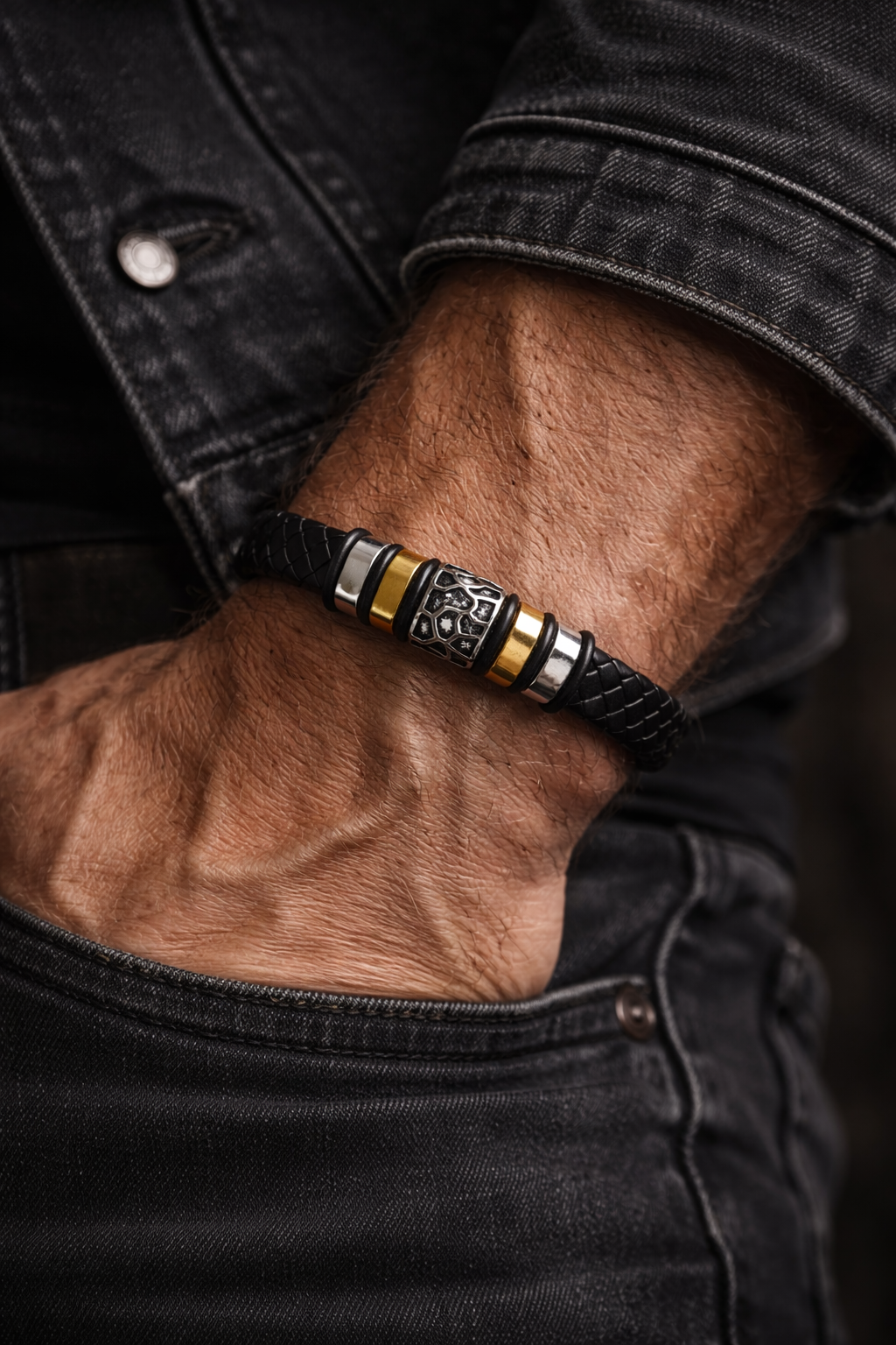 Armband Herrenarmband Schwarz geflochten Silber- und Goldfarben nickelfrei Yehwang