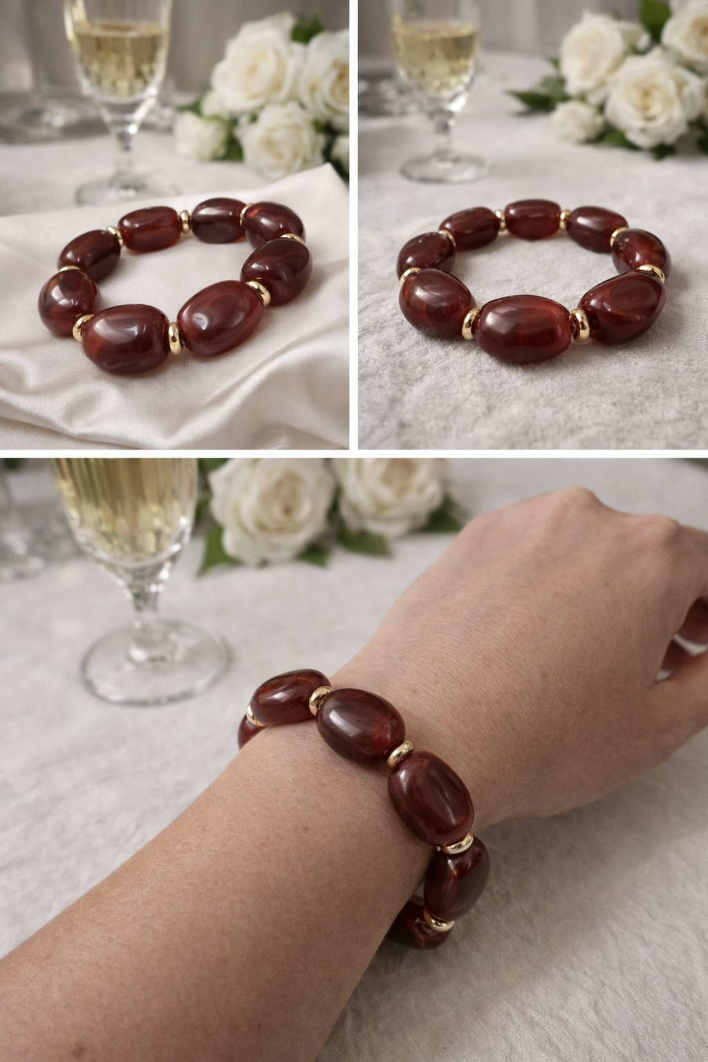 Armband elastisch Goldfarben Burgund Bordeaux Acryl-Perlen nickelfrei Trend WAUW