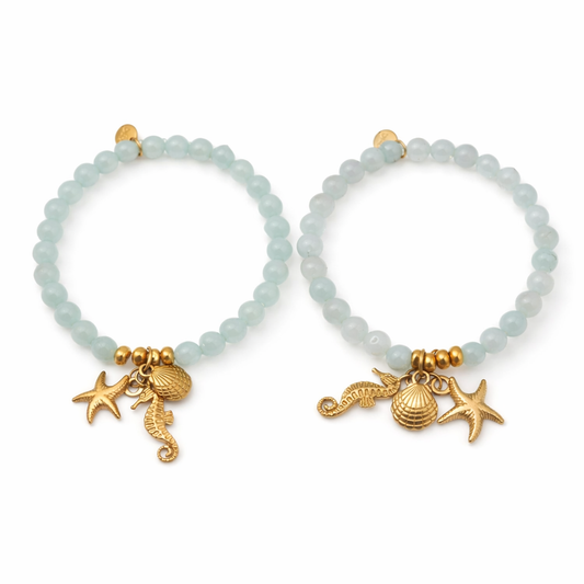 Armband elastisch Helltürkis Hellblau Anhänger Muschel Seestern Seepferdchen Biba