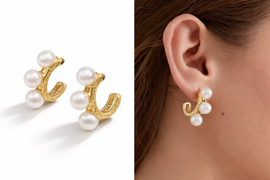 Creolen mit dreifacher Statement-Perle – Goldfarbe nickelfrei Festlich Yehwang