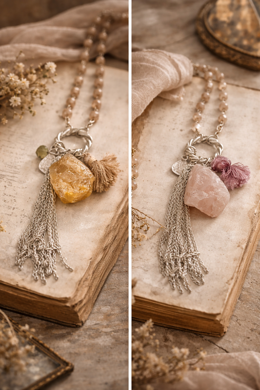 Halskette Anhänger Naturstein in Rosa und Naturfarbe Stein Nickelfrei Biba