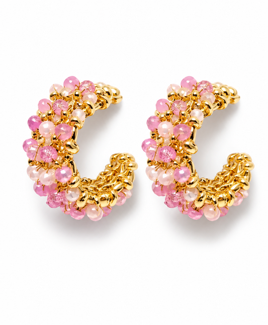 Biba Ohrringe Creolen gewebte Optik Rosa Crystal Perlchen Sommer Nickelfrei